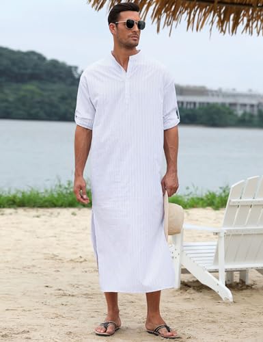 TURETRENDY Men's Long Sleeve Kaftan Thobe Button Down Henley Robe Casual Side Split Gown Shirt with Pocket3