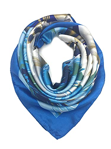 YOUR SMILE Polyester Scarf Women’s Fashion Pattern Blue Large Square Satin Headscarf 35''x35'' (803)