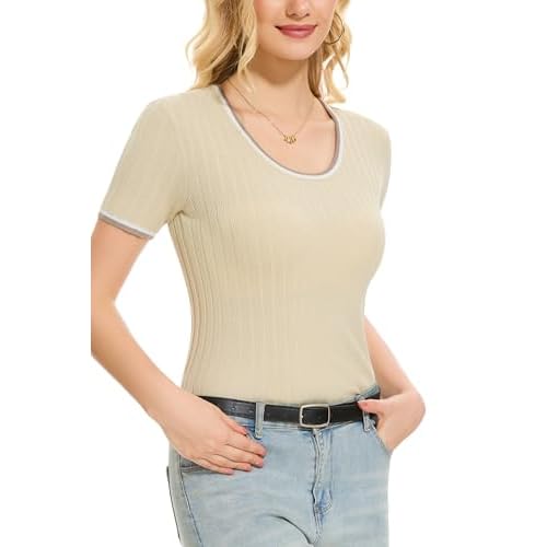 Women's Short Sleeve Scoop Neck Tshirts Color Block Slim Fit Ribbed Knit Summer Basic Casual Tee Tops Apricot Medium