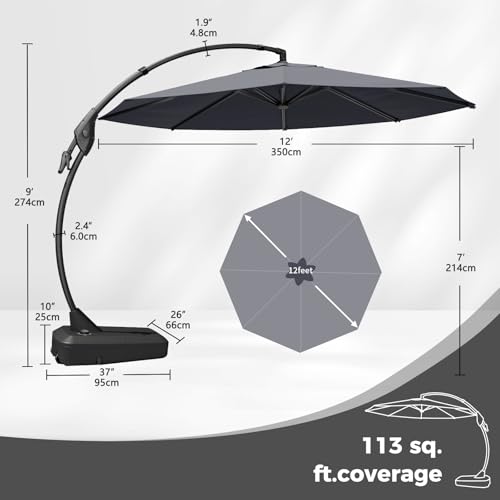 Image of Grand patio 12FT Sunbrella Cantilever Round Umbrella with Base, Charcoal