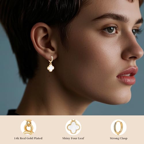 Clover Earrings for Women Four Leaf Clover Dangle Earring 4 Clover Gold Hoop Hypoallergenic lightweight Lucky Mother Gifts Birthday Christmas Anniversary Simple Jewelry (Gold/White Clover Jewelry)2
