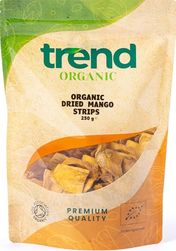 Trend Organic Mango Strips (Sun Dried & Untreated) 250g-Rich in fibre Vitamins and Natural Sweetness for a Nutritious and Delicious Snacks - Certified Organic Vegan Non-GMO No Additives Raw