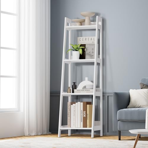 Oikiture 4-Tier Corner Ladder Shelf – White Minimalist Bookshelf for Home, Bedroom or Office – Compact Space-Saving Book Display Unit
