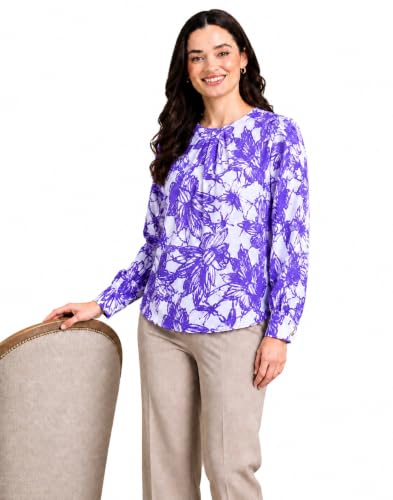 Image of Mirana Women's Full Sleeve Solid Top | Round Neck Pleated Front Regular Fit Office Casual Blouse with Button Cuffs
