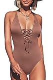 CUPSHE Damen Badeanzug mit Schnürung Plunge Einteiler Gerippte Einteilige Bademode Swimsuit Rosigbraun L