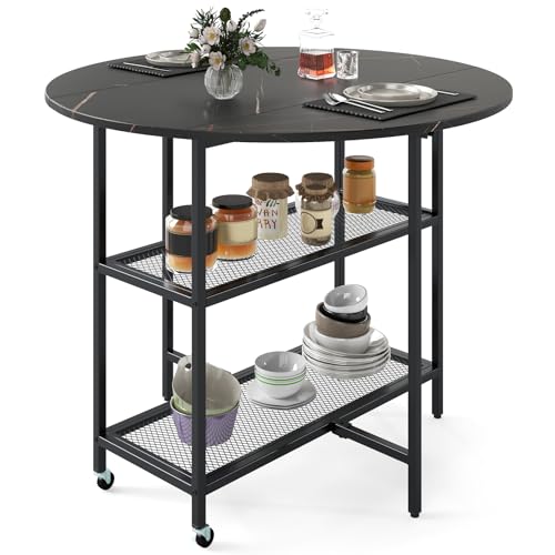COSTWAY Table Pliante Cuisine Ronde, Table a Manger Extensible sur roulettes pour 2-4 Personnes, 2 Etagères, 2 Rallonges Rabattables, Gain de Place, pour Petite Espace, 42-100 x 100 x 80 cm (Noir)