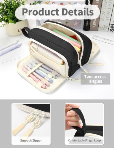 Image of SUNEE Cute Pencil Case, Aesthetic Pen Pouch with 3 Compartments, Kawaii Colored Large Pencil Bag with Zipper, Stationery Storage and Organizer, Black School Supplies for Teen and Adult Girls