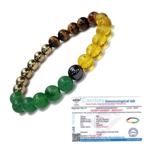 HEALING ZONE Money Magnet Bracelet – 8mm Gemstone Beads - Yellow Citrine, Golden Pyrite, Tiger Eye, Green Aventurine & Hematite - Unisex Reiki Energy Talisman for Wealth, Financial Success, Prosperity