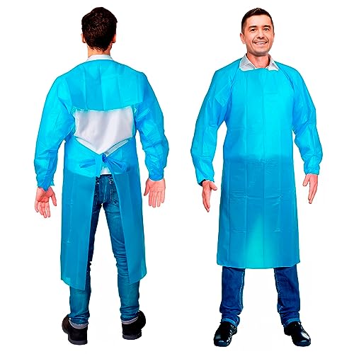 AMZ Disposable Isolation Gown X-Large. 10 Pack Blue 2 Mil Polyethylene Disposable Gowns Medical. Waterproof Isolation Gowns Disposable. Disposable Medical Gowns with Elastic Wrists, Double Back Ties