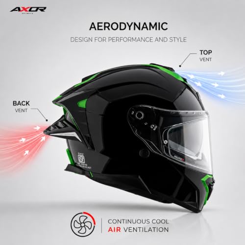 Image of Axor Brutale Corsa Helmet - Dual Spoiler | ECE 22.06, ISI & DOT Certified | Race-Ready Fit with D-Ring & UV-Protected Visor-Black Green, Size:S