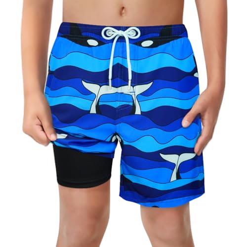 Image of Boys Swim Trunks with Boxer Brief Liner Compression Anti Chafe Swimming Shorts Stretchy UPF Quick Dry Swimsuit