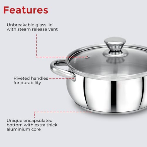 Image of Avias INOX IB Belly Stainless Steel Cookpot with Glass Lid, Triply Induction Bottom, Multi Purpose Cooking Pot, Gas & Induction Compatible, Durable & Long Lasting 14cm