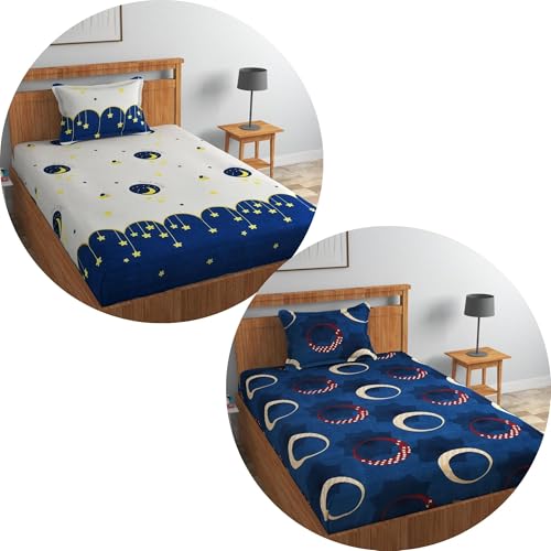 Image of Glace Cotton 220 tc Flat Single Bedsheets Combo Pack of 2 Bed Sheet for Breathable | Wrinklefree Super Soft (Size-60 X 90 Inch) with 2 Pillow Covers (Size-17 X 27 Inches) - Cream&Blue