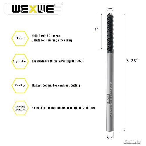 Image of Tools Extra Long Carbide End Mills,6 Flute Square Milling Cutter,High Helix Angle for High Hardness Steel Finshing Milling Processing - 3 /16 Shank (3 /16-3.25 inch 1PCS)