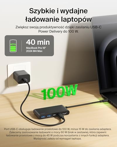 Belkin 5-portowy USB Hub z HDMI 4K przy 60 Hz, 100 W Power Delivery, Szybka Transmisja Danych 5 Gb/s, Adapter do MacBooka, iPada Pro, Chromebooka – Ulepszony Interfejs HDMI 2.0 – Czarny