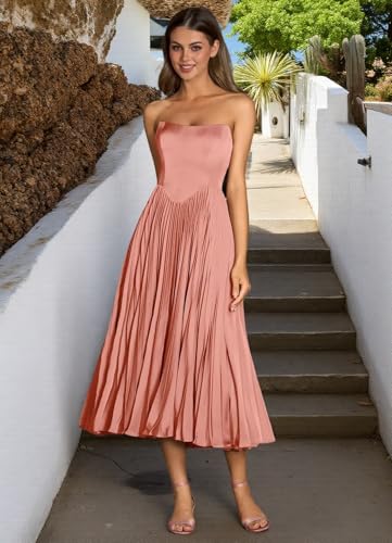 Women's Strapless Bridesmaid Dresses Tea Length Ruffle Satin Formal Prom Dress DK0273