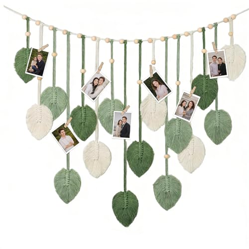 TourKing Macrame Leaf Wall Hanging, Boho Wall Art Decor with Wooden Beads, Green and Beige Woven Leaves for Living Room, Bedroom, Apartment
