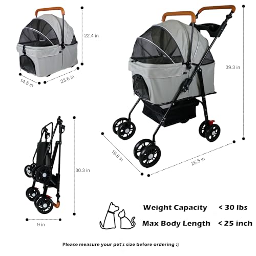 Pet Stroller with Storage Basket and Cup Holder, Folding Dog Jogger, Foldable Cat Stroller, 3 in 1 Puppy Kitten Cart, Pet Jogger for Medium Dog Cat (Gray)