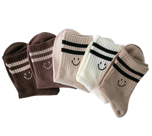 Image of Deeorla Womens Striped Crew Socks Brown Vintage Retro Athletic Socks 5 Pairs