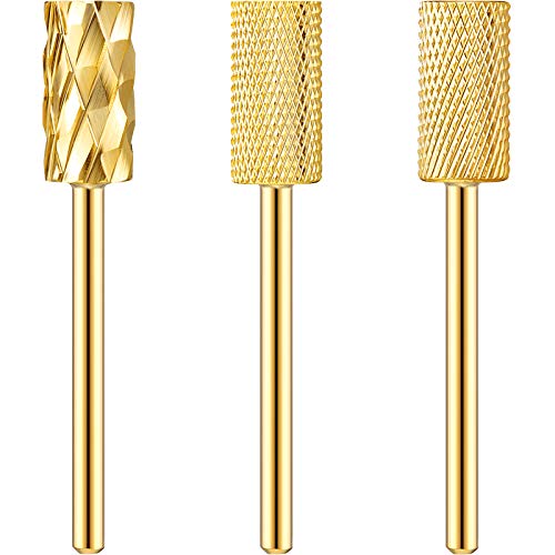3 Pieces Nail Drill Bits Flat Top Large Barrel Carbide Bit Acrylic Nail File Drill Bit Cuticle Drill Bits Cuticle Cleaner Bit Nail Art Tools for Manicure Pedicure Home Salon Use (F, 4XC, XF, Gold)