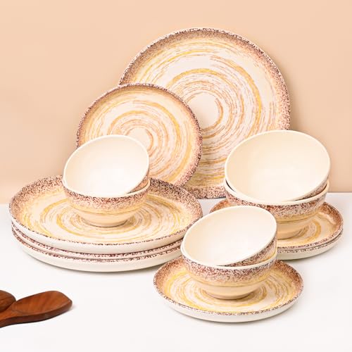 Image of MARKET 99 Cream Spiral Melamine Dinner Set 14 Pieces, Glossy Round Dinnerware with 6 Full Plates, 6 Quarter Plates, 6 Soup Bowls & 2 Serving Bowls, Food Safe & Refrigerator Safe