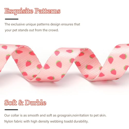 Image of Pink Strawberry Pattern Dog Collar with Buckle Adjustable Safety Nylon Collars for Small Medium Large Dogs, Cute Stylish Girl Boy Christmas Dog Collar (Pink Strawberry,L