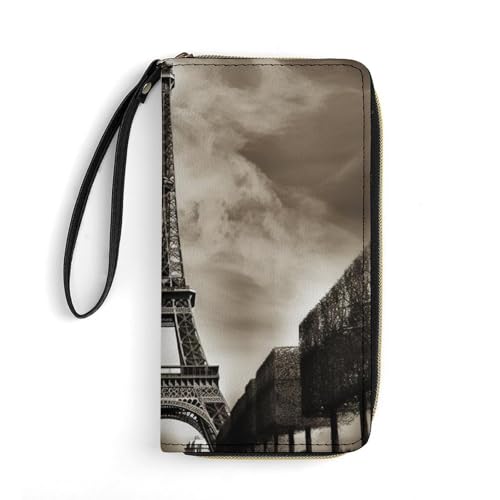 Womens Leather Wallets Paris Eiffel Tower Wallet for Women Large Capacity Card Phone Holder Ladies Purse with Wriststrap