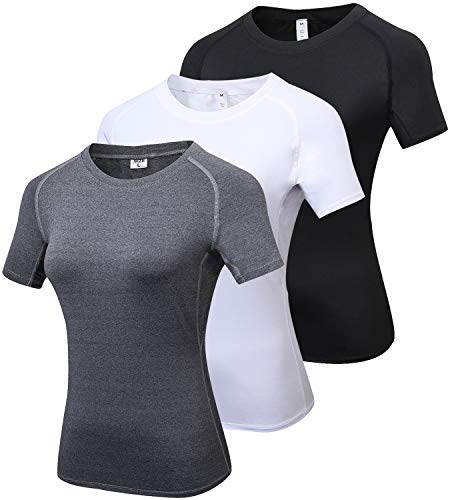 Lavento Women's 3-Pack Workout Shirts Crewneck Short-Sleeve Compression Shirts (2013 Black/White/Gray, X-Large)