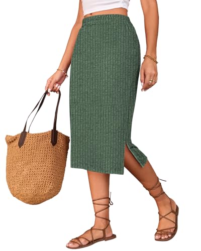Naggoo Midi Skirts for Women Spring Summer Elastic High Waisted Side Slit Long Sweater Skirt