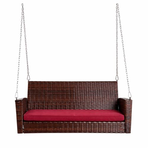 Image of Carry Bird Rattan Wicker Two Seater Swings with Cushion, Brown, 120x60x60 cm, Garden Porch Hammock for Adults (Maroon Cushion, 2 Seater Prouch Swing, Leather Brown Prouch Swing)