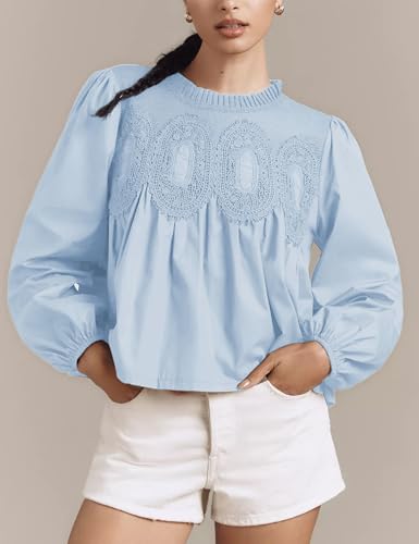 Lentta Women's Lace-Detail Flared Blouse Long Sleeve Crew Neck Poplin Mesh Swing Babydoll Tops Elegant Loose Shirts4