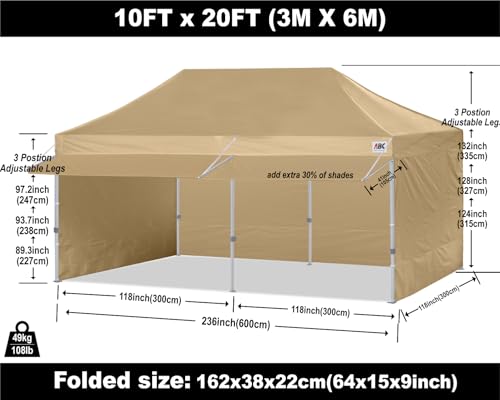 Image of ABCCANOPY 10x20 Commercial Pop up Canopy Tent with Awning Sidewall,Beige