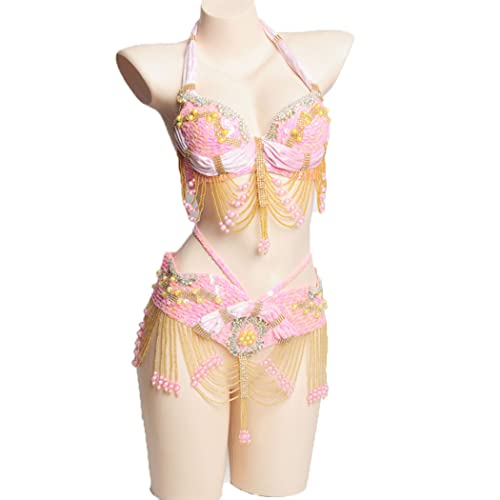 Women's Belly Dance Dresses Carnival Outfit Belly Dancer Costumes Sequin Fringe Latin Party Dress Belly Crop Top Bra and Belt Dancing 2 Piece Outfits,Pink,L