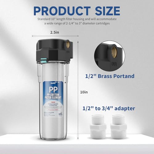 Image of Whole House Water Filter Housing, Fit 10 inchx2.5 inch Sediment etc Filters for Well and City Water, Pre-Filtration System for Home, 1 /2 inch Brass Portand includes a 3 /4 inch adapter, R-Type O-Ring, Bracketless