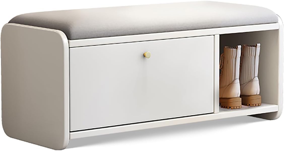 LWJSOCP Modern Solid Wood Entryway Shoe Bench with 2 Flip Doors & Padded atStylish Hidden Shoe Storage for Hallway Bedroom or Mudroom