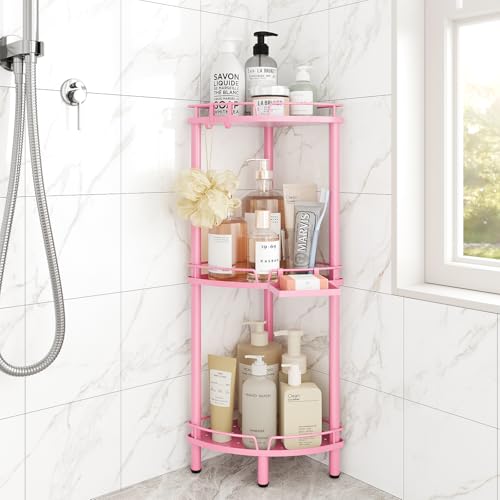 ELYKEN Corner Shower Caddy Standing, 3 Tier Metal Shower Organizer, Pink