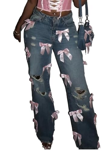 Ecirod Y2k Streetwear Bow Ripped Wide Leg Jeans Woman Distressed Baggy High Waisted Straight Leg Denim Pants