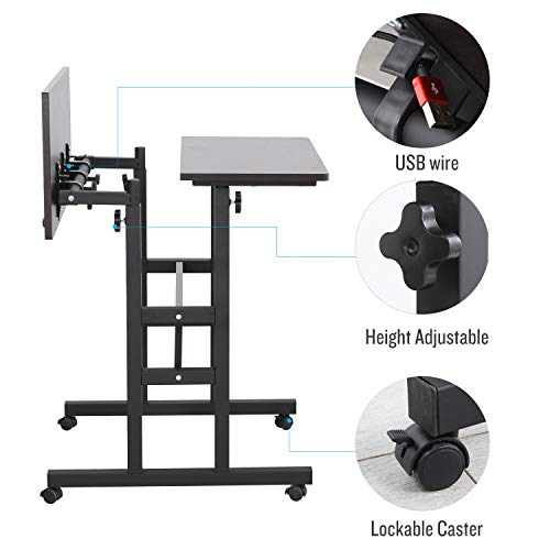 Qwork 2-Tier Mobile Standing Desk Stand Up Desk Height Adjustable Laptop Desk Home Office Workstation Ergonomic Sit-to-Stand Table Tilting Computer Desk on Wheels for Home Office School, Black