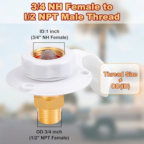 Image of RV Water Inlet Connection City Water Fill Inlet Flange Brass with Check Valve,3 /4 NH Female to 1 /2 NPT Male RV City Water Inlet,Lead-free Brass RV Fresh Water Inlet with Dust Plug for RV Camper(White)