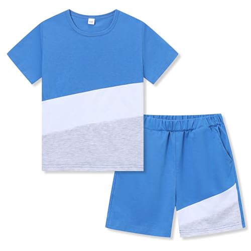 Image of Ayzozuy Boy Clothes Colorblock Top + Drawstring Waist Shorts 2 Pieces Kid Summer Outfits Set