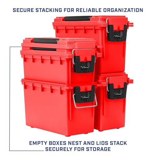 Sheffield 12636 Ammo Storage Box, Stackable .30 Cal Field Boxes, Water and Dust Resistant, Lockable Storage Box with Handle, Secures Hunting Gear, Supplies, and Bullets, Made in USA, Red, 1-Pack