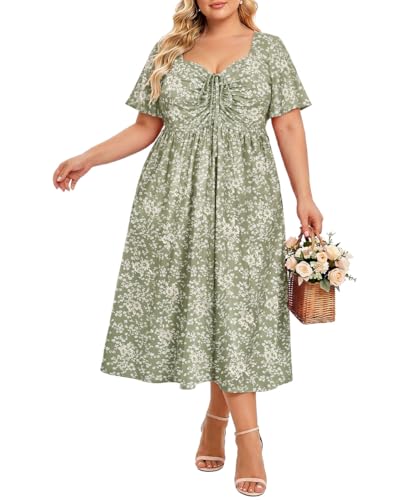 Image of CARCOS Plus Size Dresses for Curvy Women Tie Sweetheart Neck Summer Maxi Dress Short Sleeve Empire Waist Floral Boho Dress