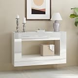 High Gloss Console Table with Hidden Storage & Adjustable Shelves, White