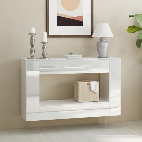 Vavkorkula High Gloss Console Table with Hidden Side Storage Cabinets, Adjustable Shelves, Modern Entryway Sofa Table for Behind The Couch, Living Room, Hallway, White