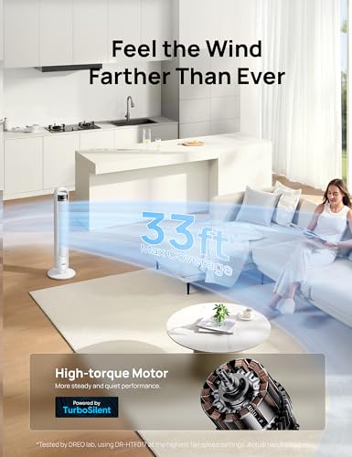 Image of DREO Smart Tower Fan for Bedroom, 90 Oscillating Standing Fans for Room with 4 Speeds, 4 Modes, 28dB Quiet for Sleep, 26ft /s Velocity, 8H Timer, Remote /App /Voice Control for Living Room, Office, Home