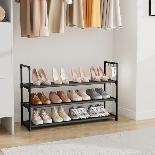 Image of VILICK Shoe Rack for Closet Shoe Organizer Space Saver Storage for 12-15 Pair Shoe Shelf with Hook Free Standing 3 Tier Shoe Rack Organizer for Entryway, Small Spaces, Black