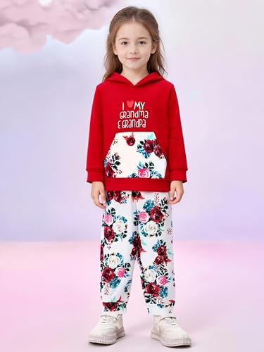 Image of 2PC Girls Clothes Girl letter and Floral print Hooded Set, letter print Top +Floral print Pants Set