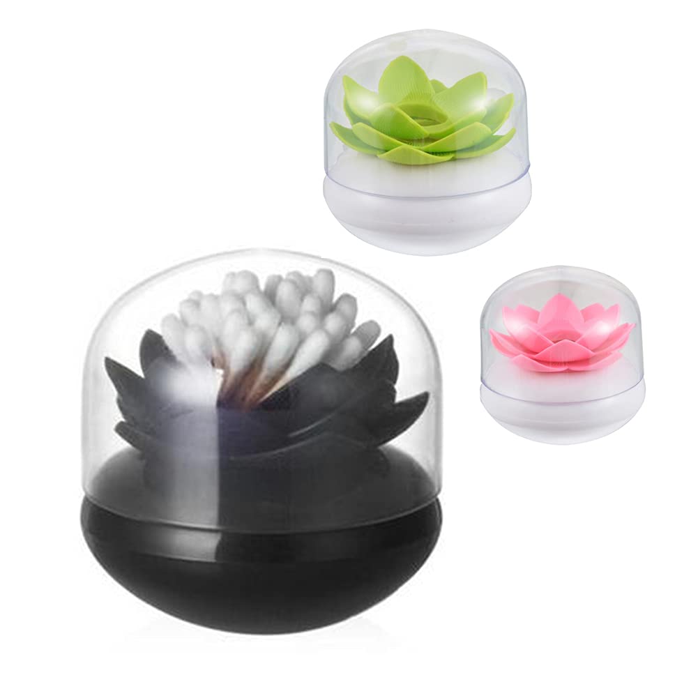 3 Pack Cotton Swab Organizer Lotus Flower Designed Cotton Bud Holder Q-Tips Toothpicks Storage Box Holder Black Green