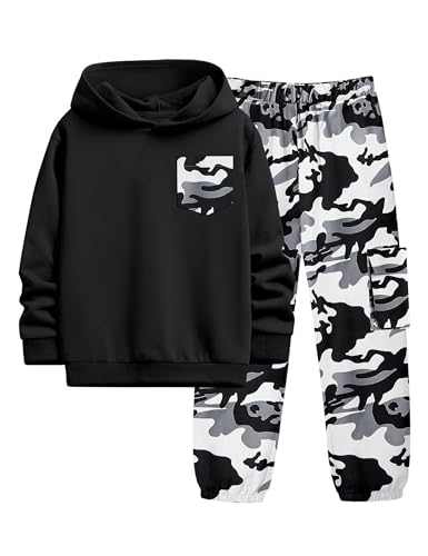 Image of KANGKANG Boys Clothes Two Piece Long Sleeve Hooded Sweatshirt Top Camouflage Sweatpants Fall Outfits Winter Clothes Set 6-16Y