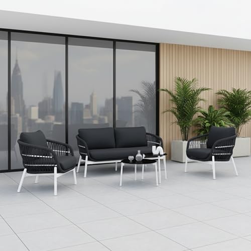Image of BRISHI Outdoor 4 Seater Sofa Set | Balcony Sofa | Patio Furniture Sets | Conversation Sets | Braid & Rope Garden Sofa Set (White-Black)